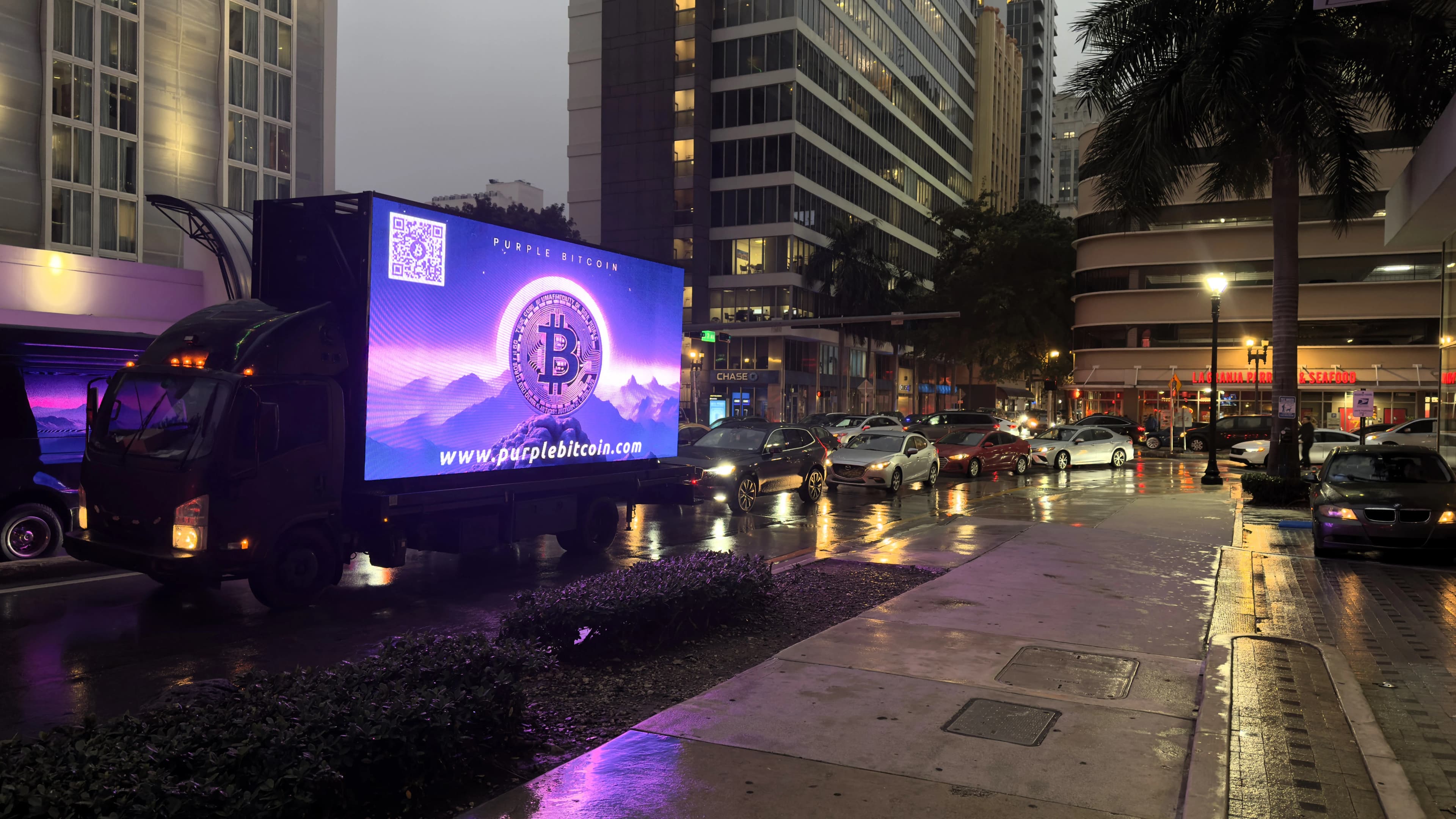 Purple Bitcoin truck visibility at WAGMI Festival